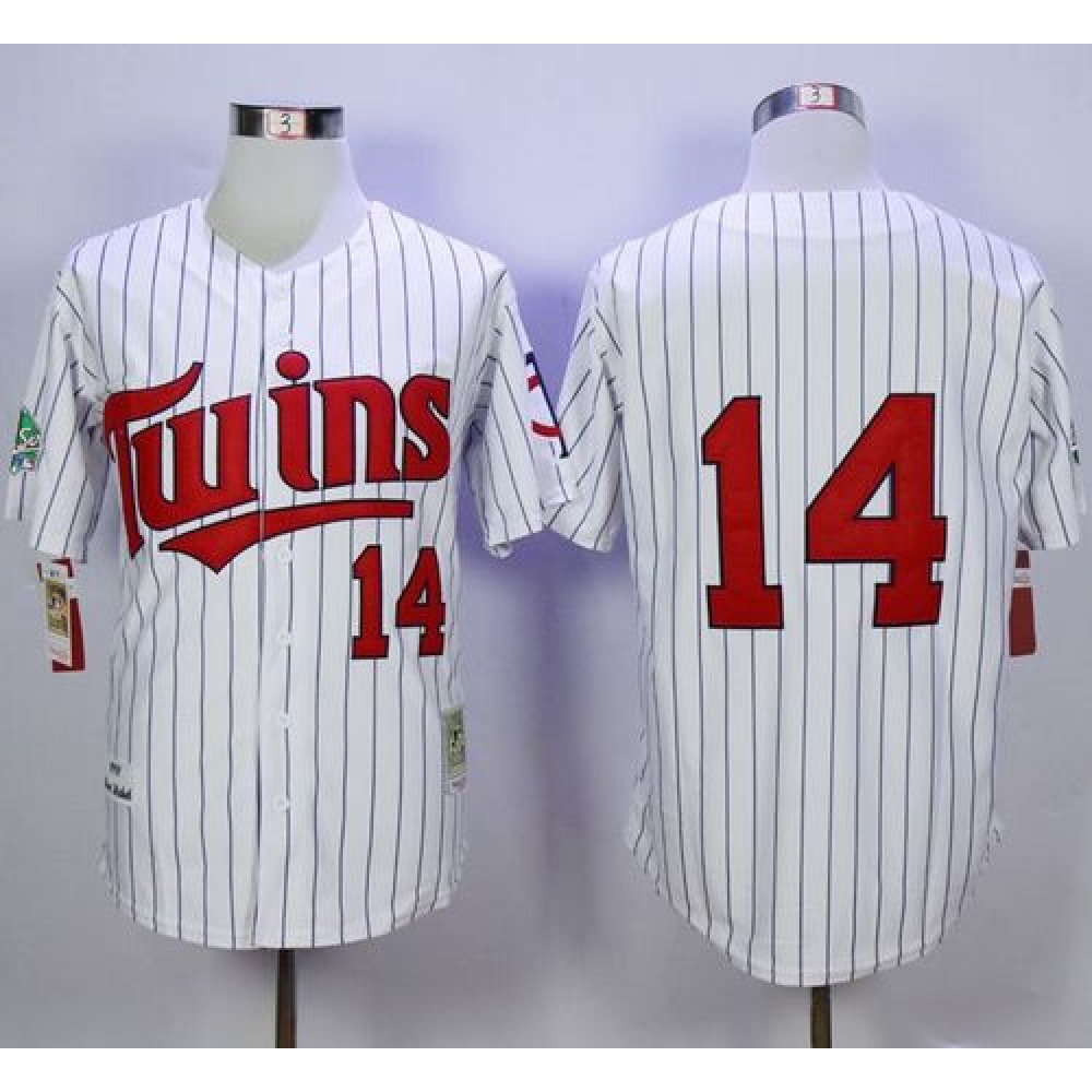 Mitchell And Ness 1991 Twins #14 Kent Hrbek White(Blue Strip) Throwback Stitched MLB Jersey