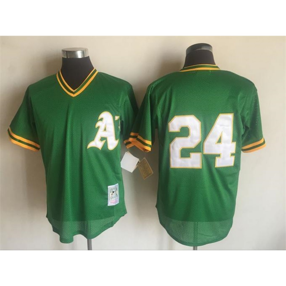Men's Oakland Athletics #24 Rickey Henderson Mitchell And Ness Green 1991 Throwback Stitched MLB Jersey