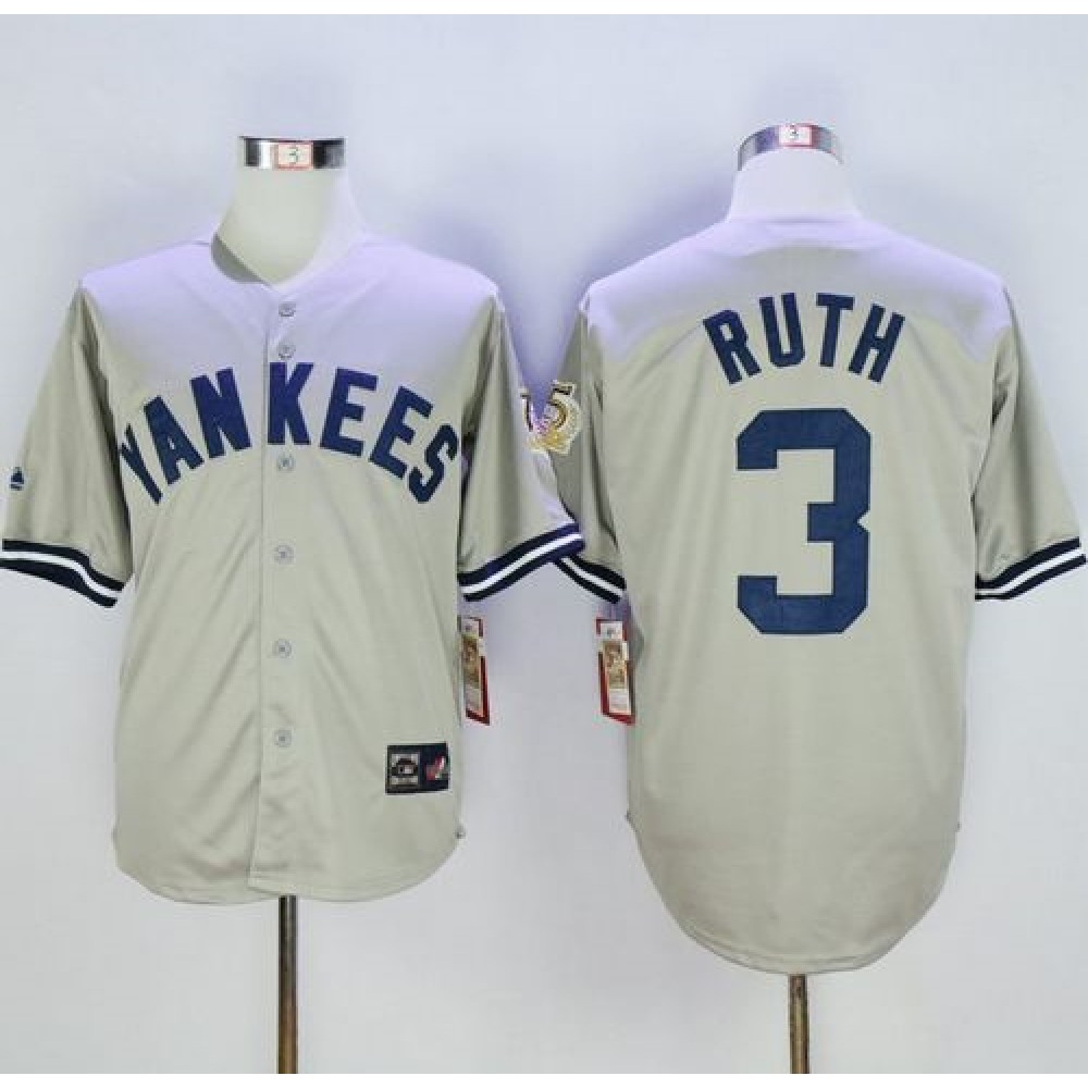 Mitchell And Ness 75TH Yankees #3 Babe Ruth Grey Throwback Stitched MLB Jersey