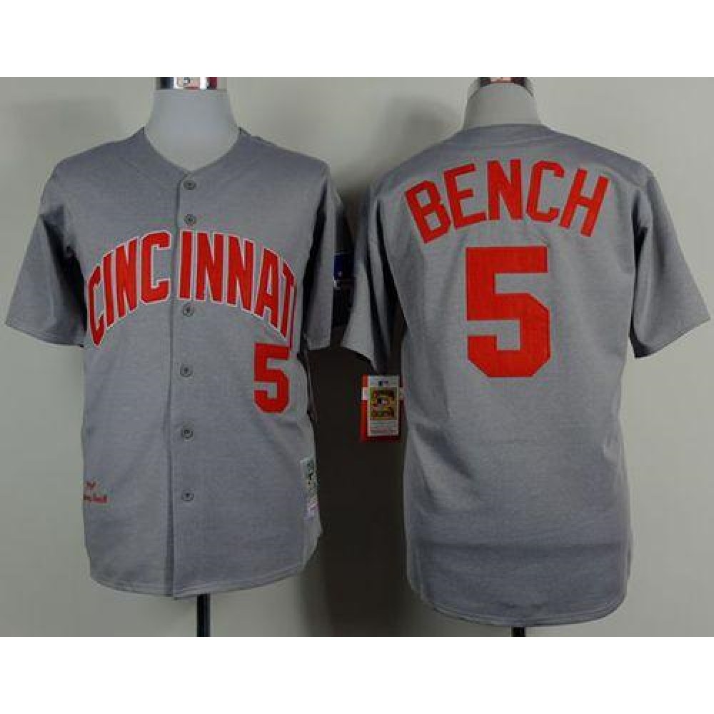Mitchell And Ness 1969 Reds #5 Johnny Bench Grey Throwback Stitched MLB Jersey