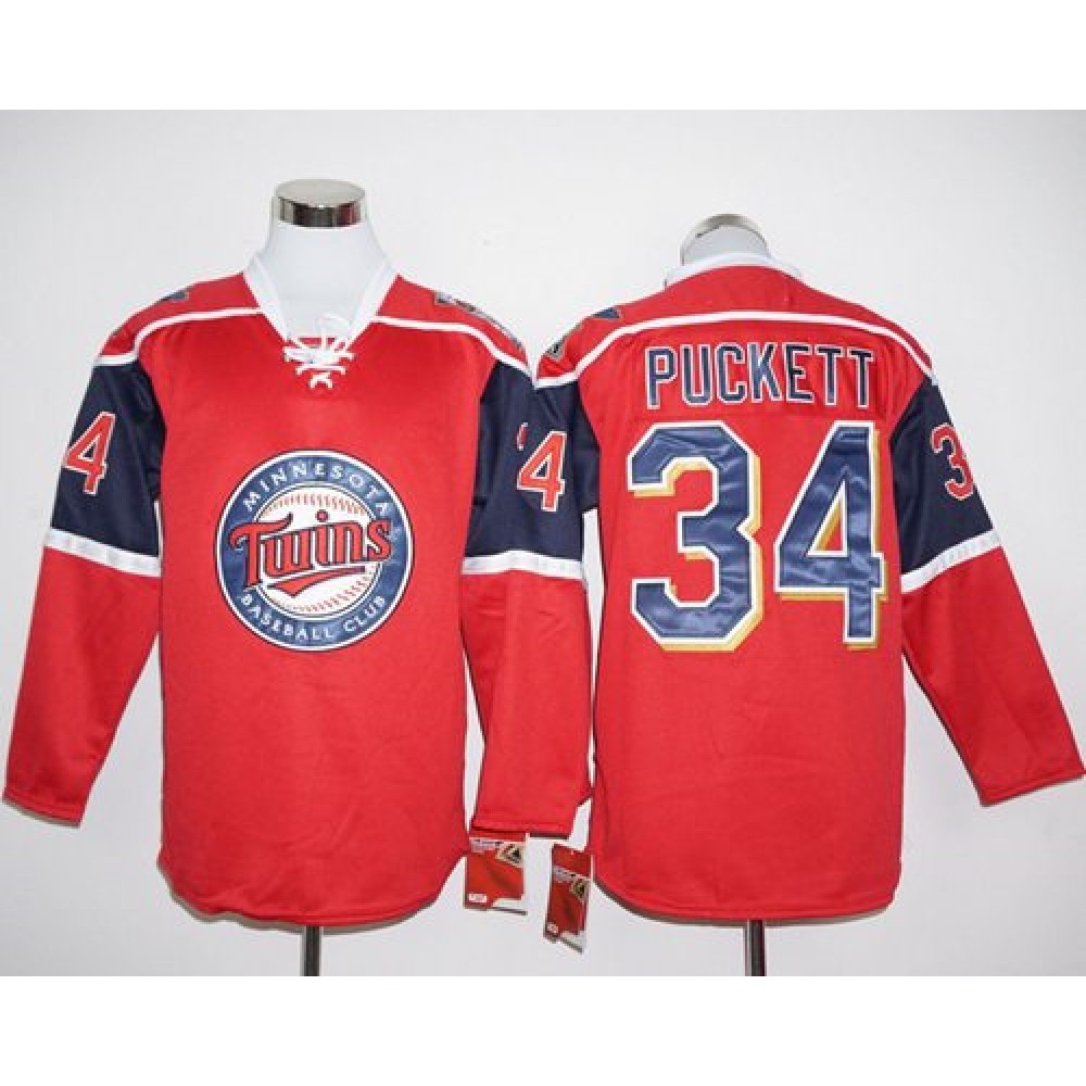 Twins #34 Kirby Puckett Red Long Sleeve Stitched MLB Jersey
