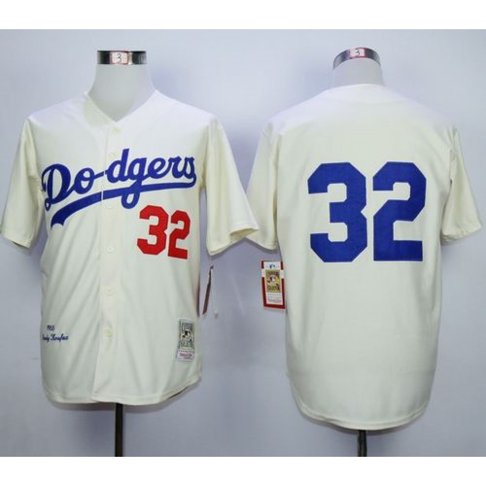 Mitchell and Ness Dodgers #32 Sandy Koufax Cream Throwback MLB Jersey