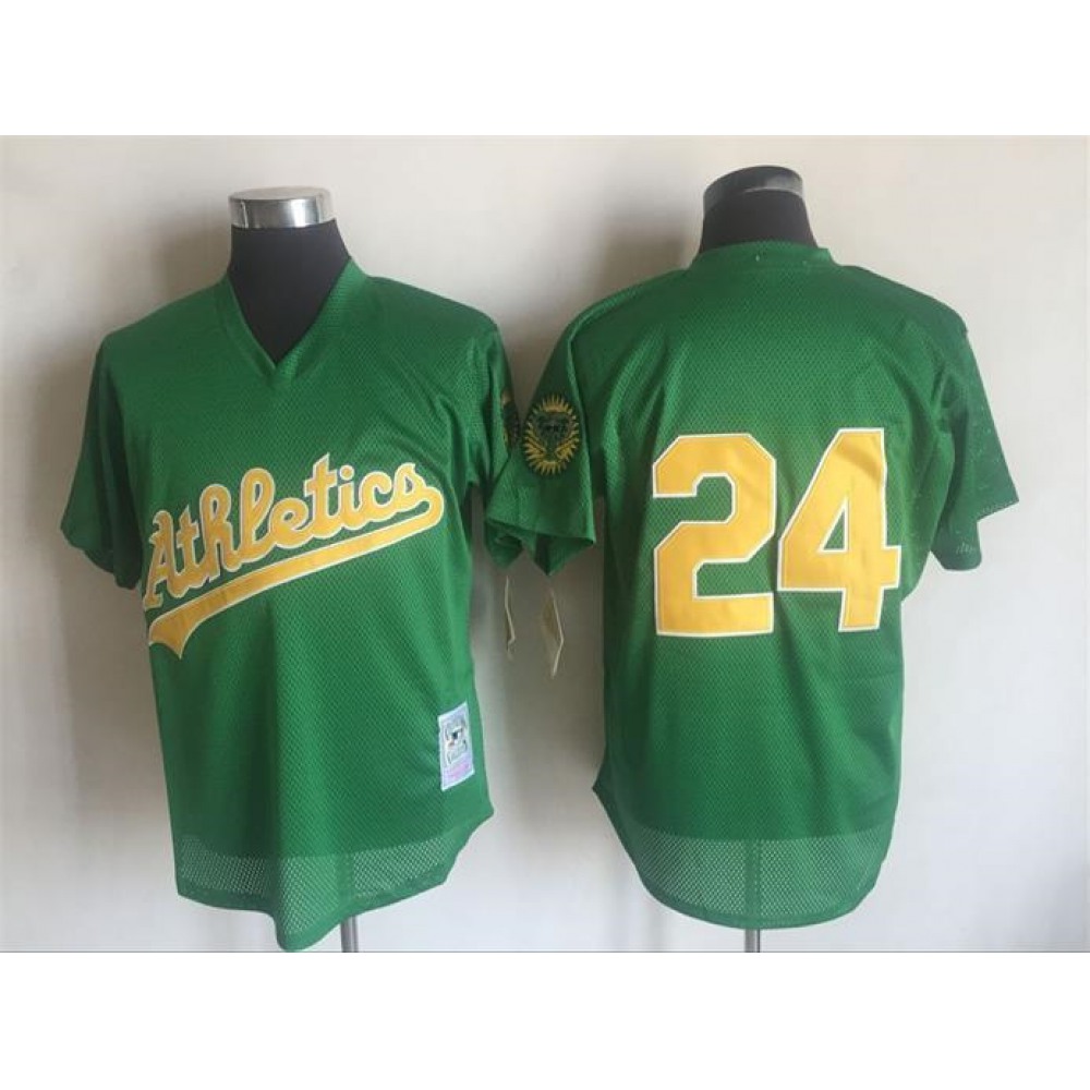 Men's Oakland Athletics #24 Rickey Henderson Mitchell And Ness Green 1998 Throwback Stitched MLB Jersey