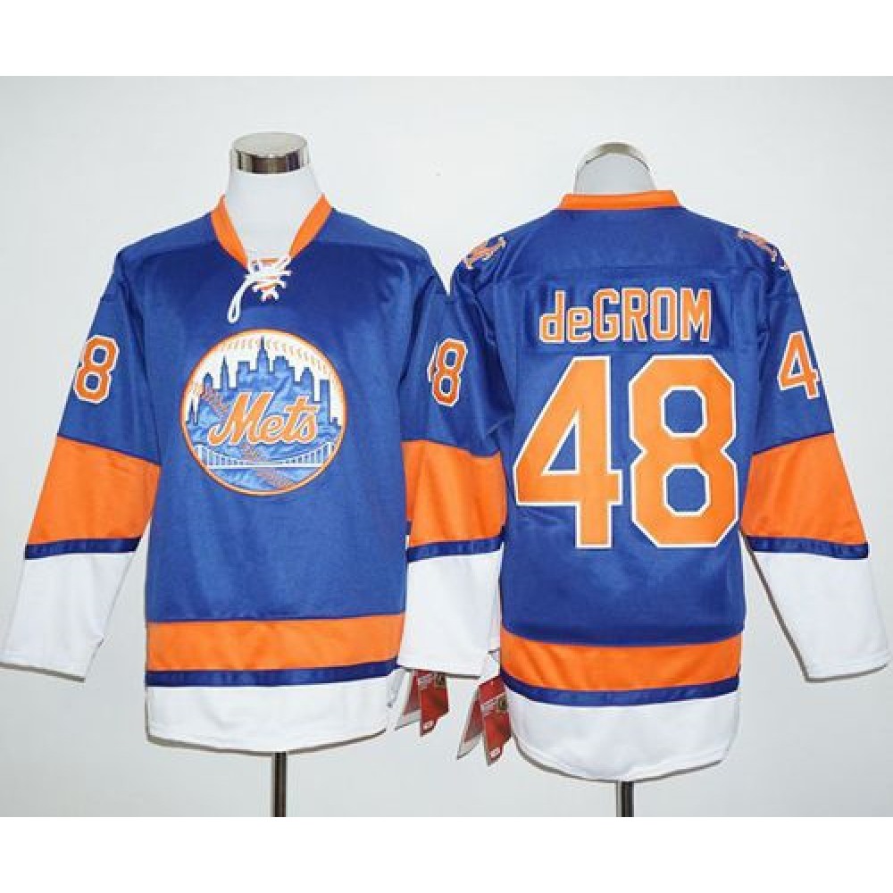 Mets #48 Jacob DeGrom Blue Long Sleeve Stitched MLB Jersey