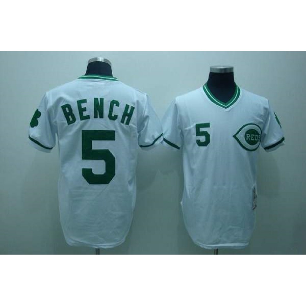 Mitchell and Ness Reds #5 Johnny Bench Stitched White Green Patch Throwback MLB Jersey