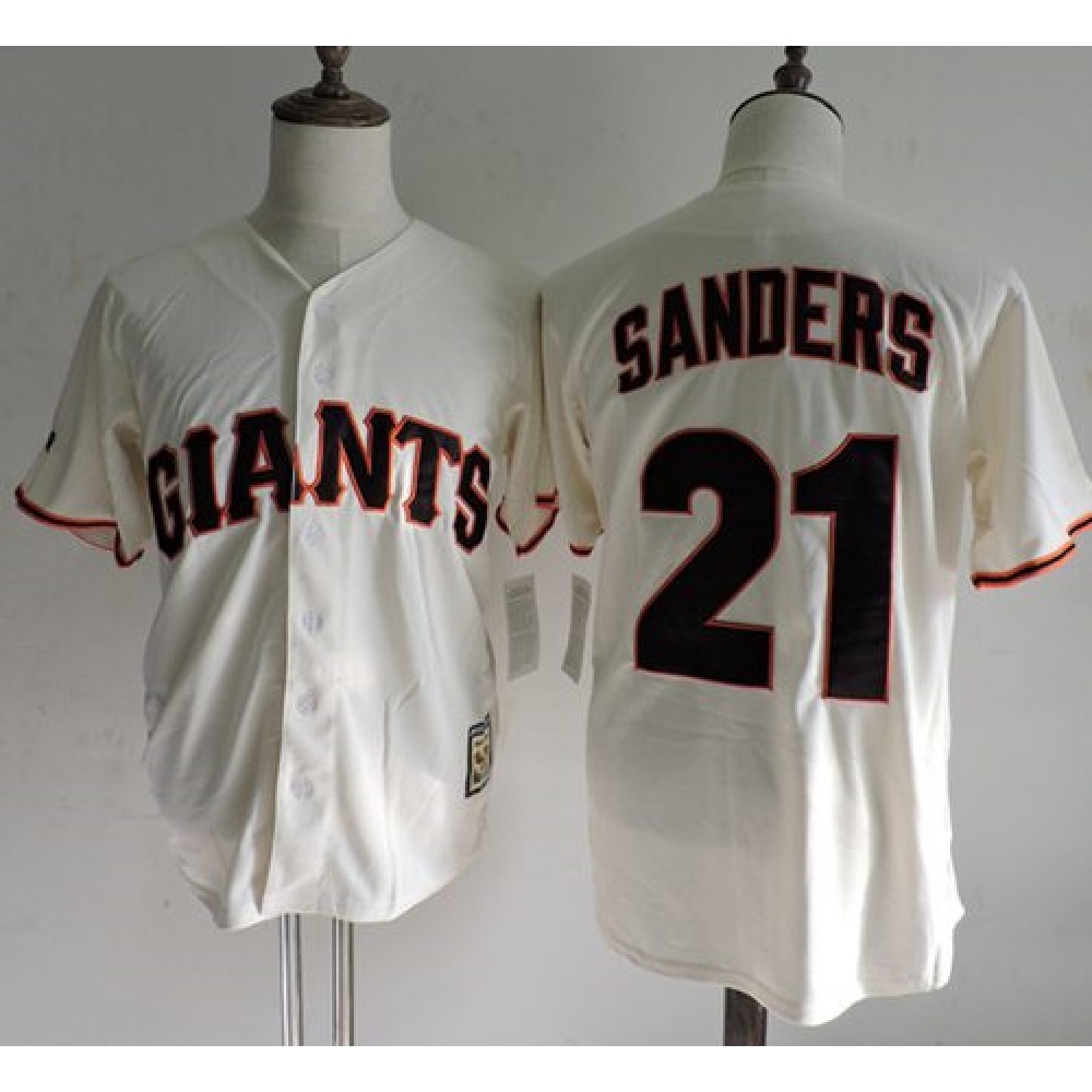 Mitchell And Ness Giants #21 Deion Sanders Cream Throwback Stitched MLB Jersey