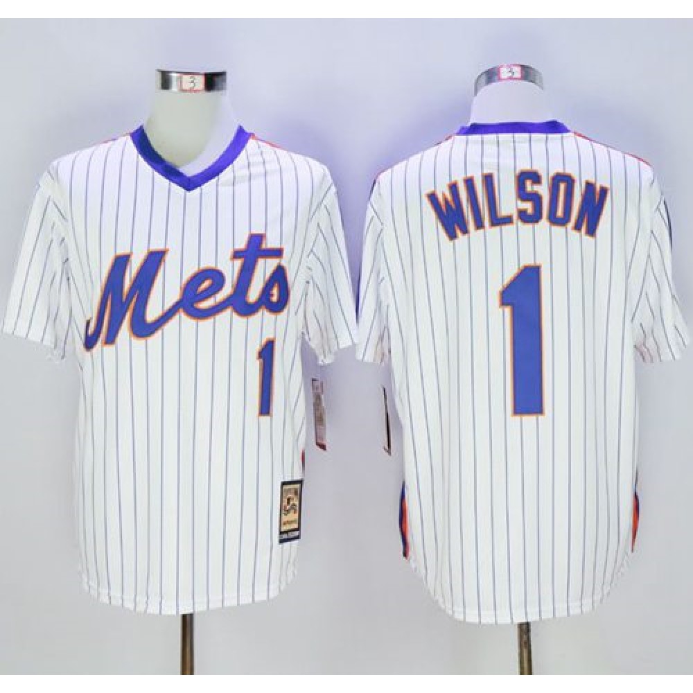 Mitchell and Ness Mets #1 Mookie Wilson Stitched White Blue Strip Throwback MLB Jersey