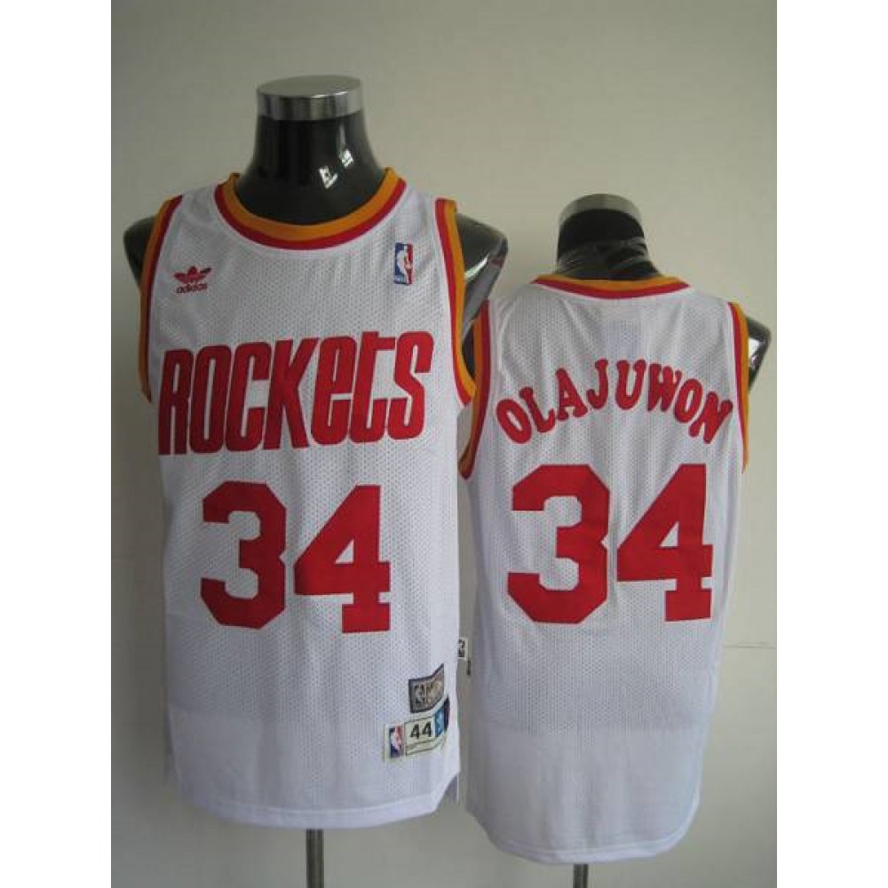 Mitchell and Ness Rockets #34 Hakeem Olajuwon Stitched White Throwback NBA Jersey