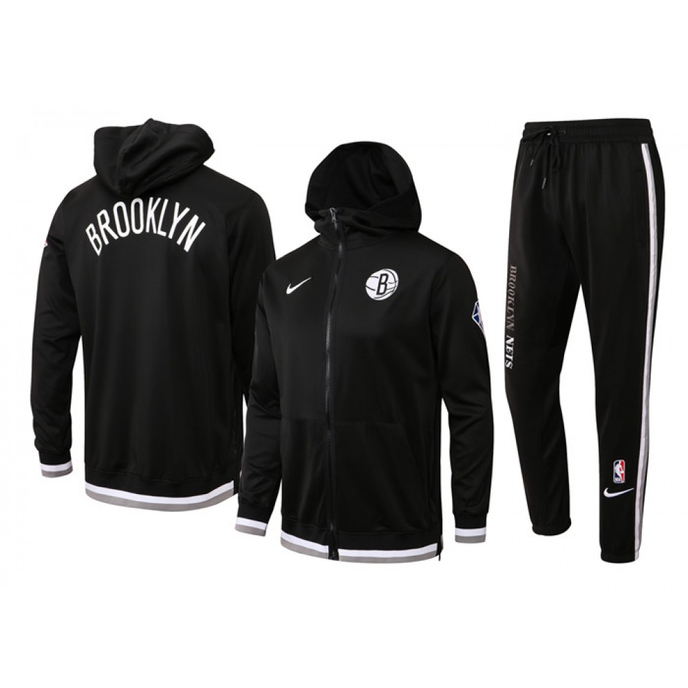 Men's Brooklyn Nets 75th Anniversary Black Performance Showtime Full-Zip Hoodie Jacket And Pants Suit