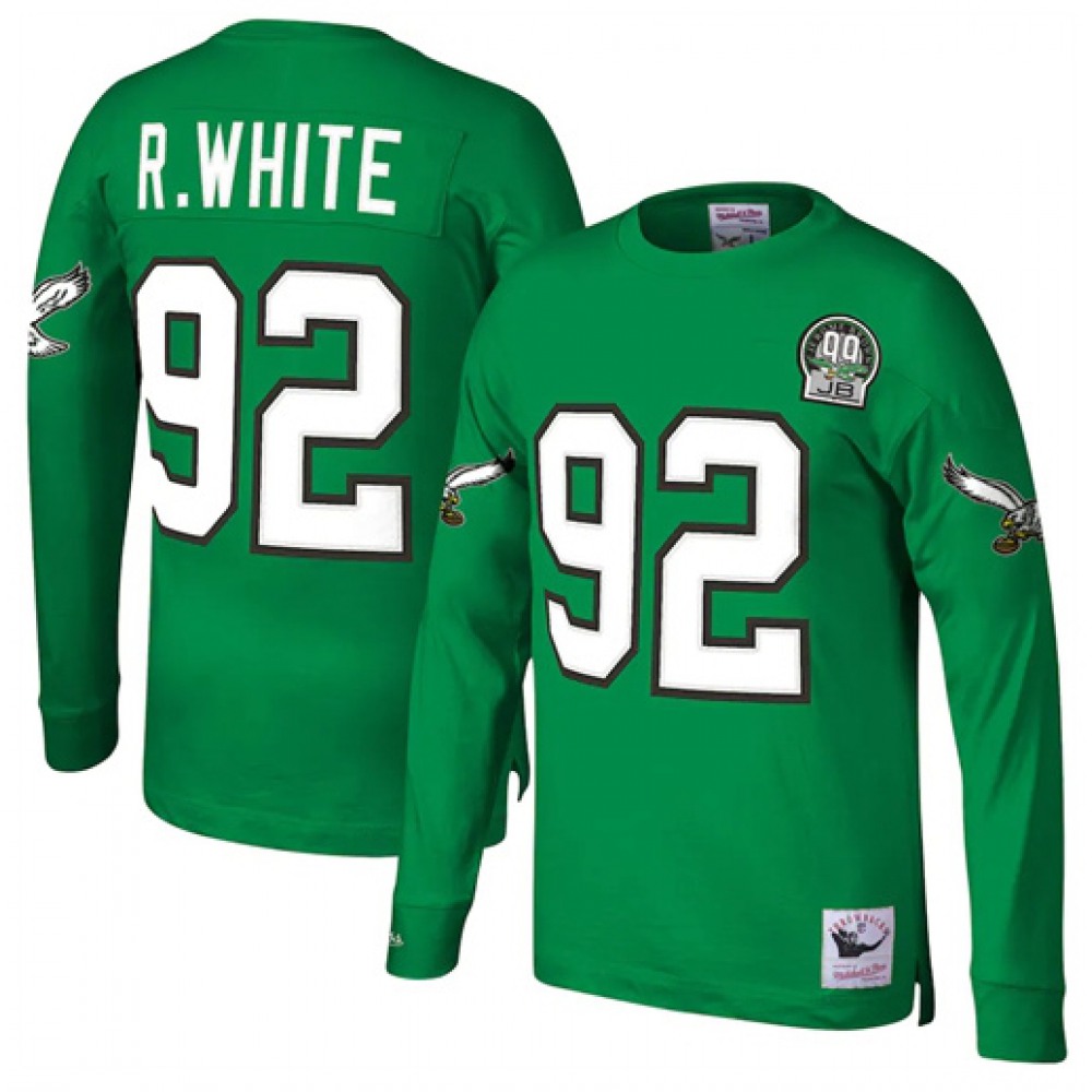 Men's Philadelphia Eagles #92 Reggie White Kelly Green Mitchell & Ness Throwback Stitched Long Sleeve Jersey