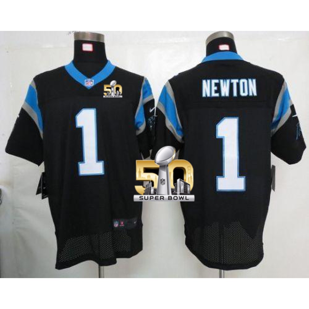 Nike Panthers #1 Cam Newton Black Team Color Super Bowl 50 Men's Stitched NFL Elite Jersey