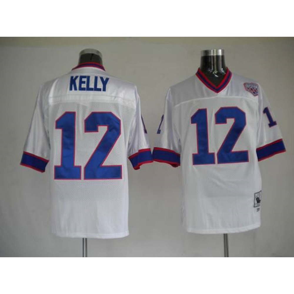 Mitchell & Ness Bills #12 Jim Kelly White Stitched Throwback NFL Jersey