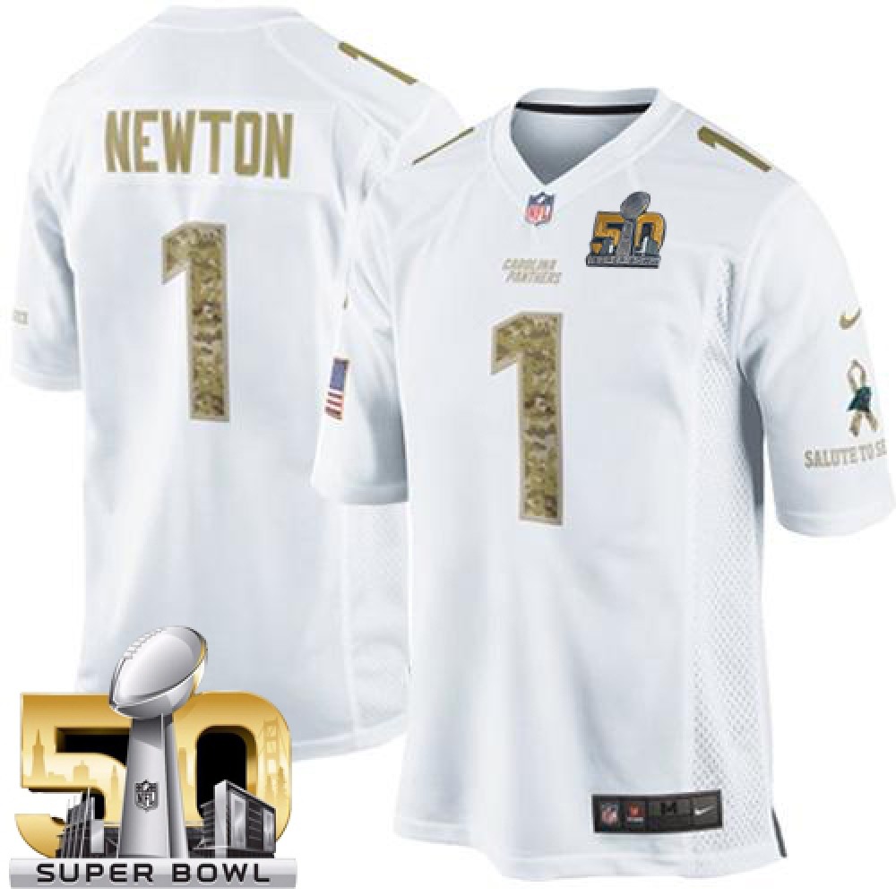 Nike Panthers #1 Cam Newton White Super Bowl 50 Men's Stitched NFL Limited Salute to Service Jersey