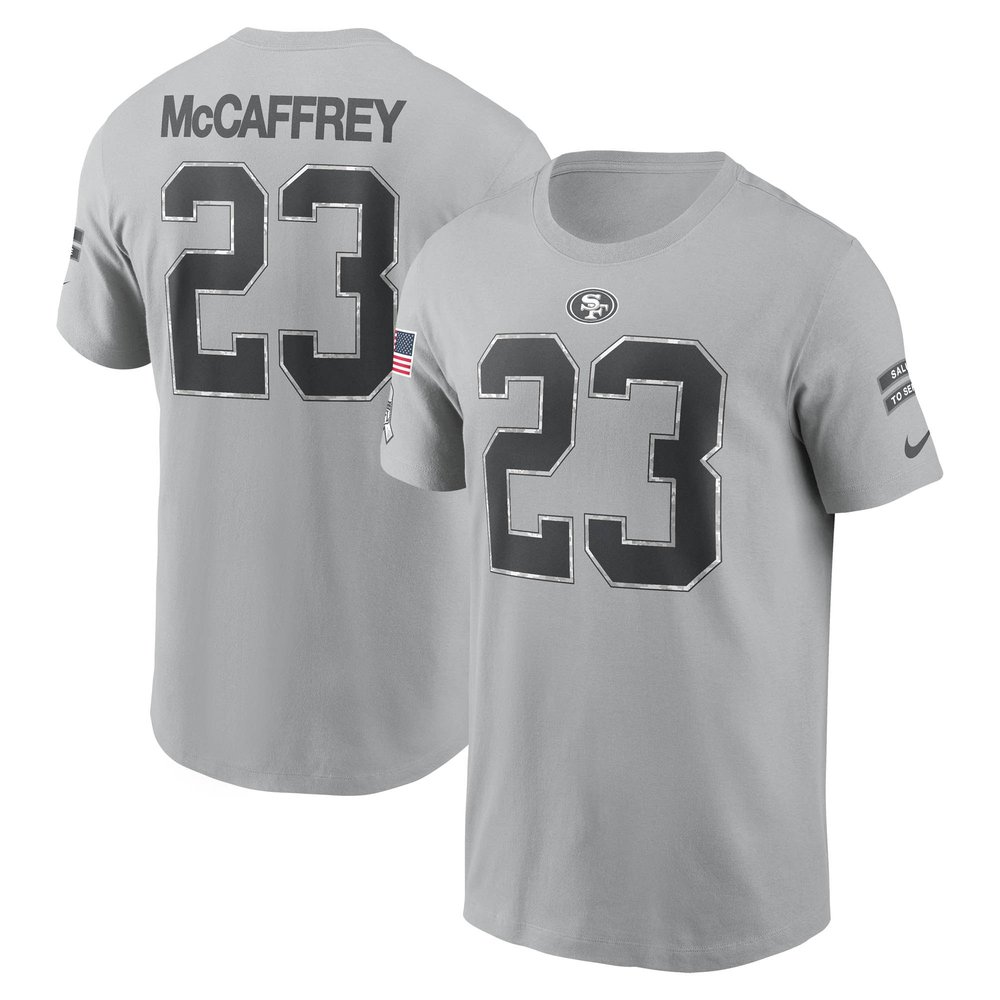 Men's San Francisco 49ers Christian McCaffrey Nike Gray 2024 Salute To Service Name & Number T-Shirt