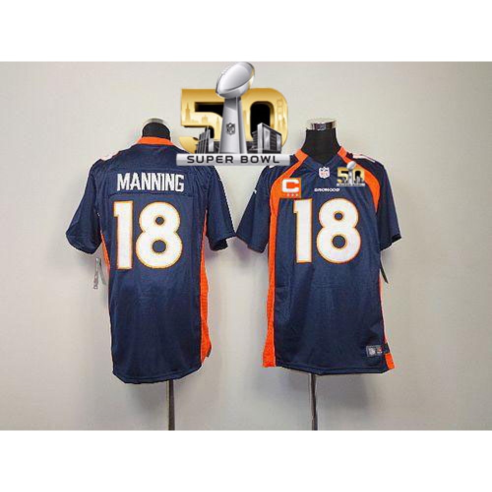 Nike Broncos #18 Peyton Manning Blue Alternate With C Patch Super Bowl 50 Youth Stitched NFL Elite Jersey
