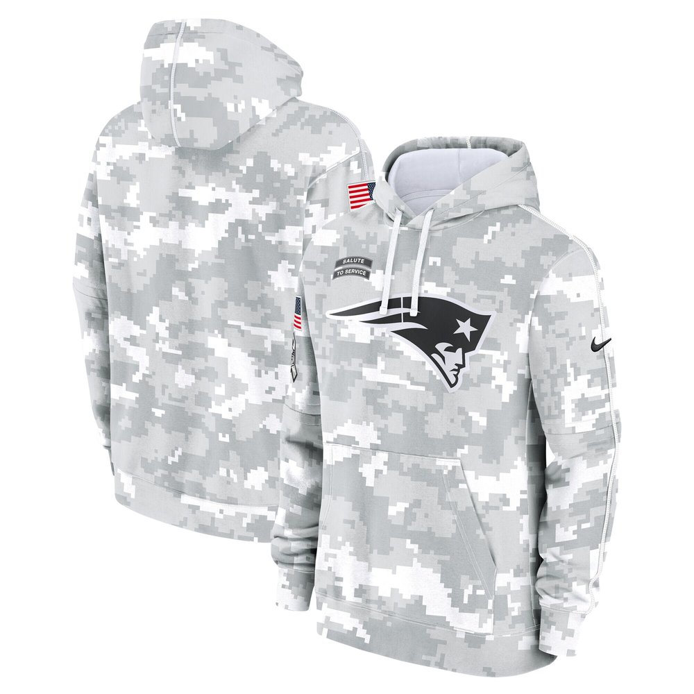 Youth New England Patriots Nike White/Gray 2024 Salute To Service Pullover Hoodie