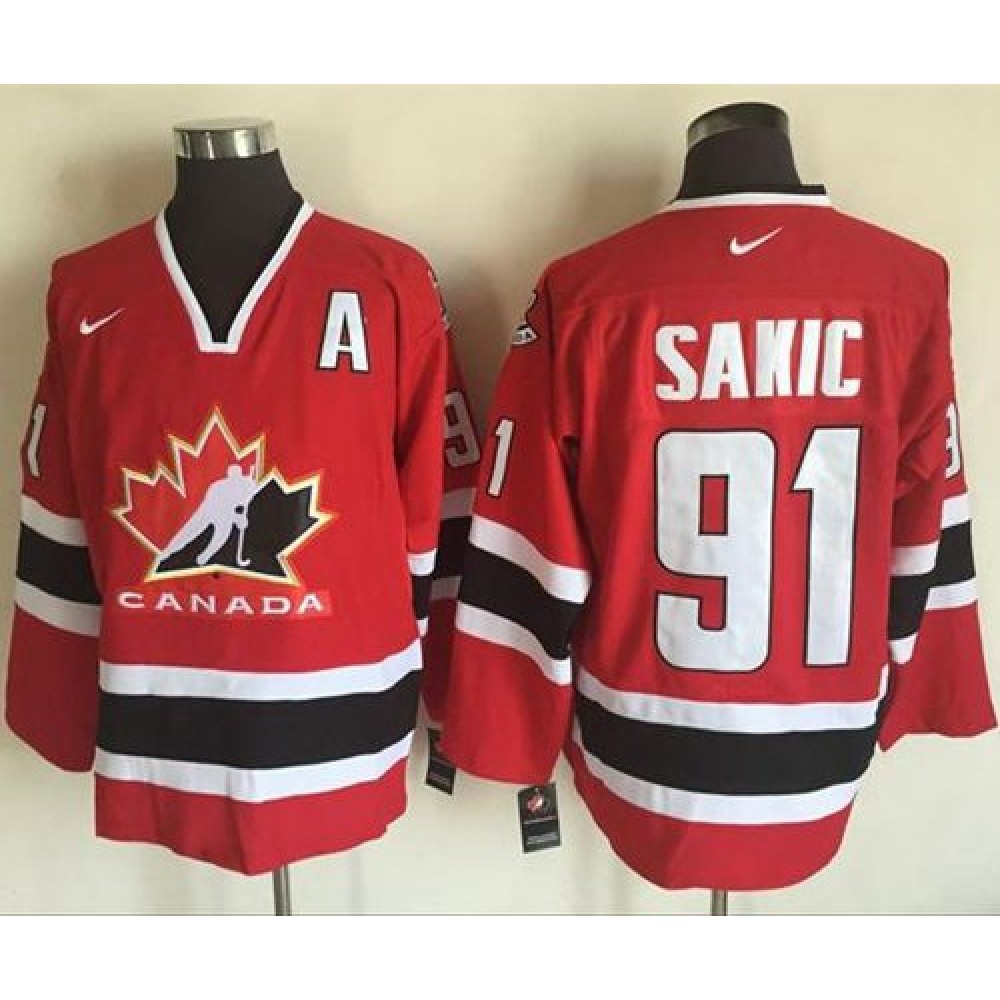 Team CA. #91 Joe Sakic Red/Black 2002 Olympic Nike Throwback Stitched NHL Jersey