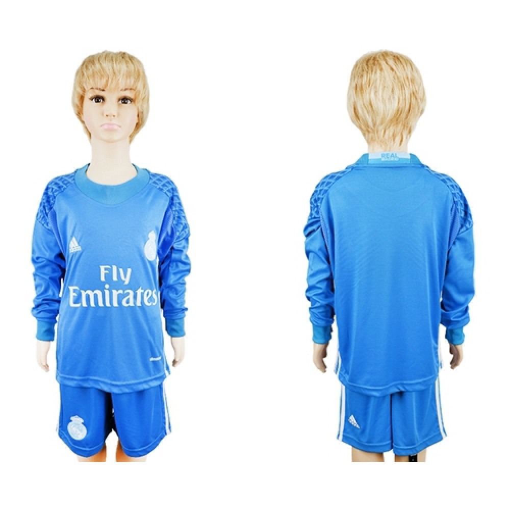 Real Madrid Blank Sky Blue Goalkeeper Long Sleeves Kid Soccer Club Jersey