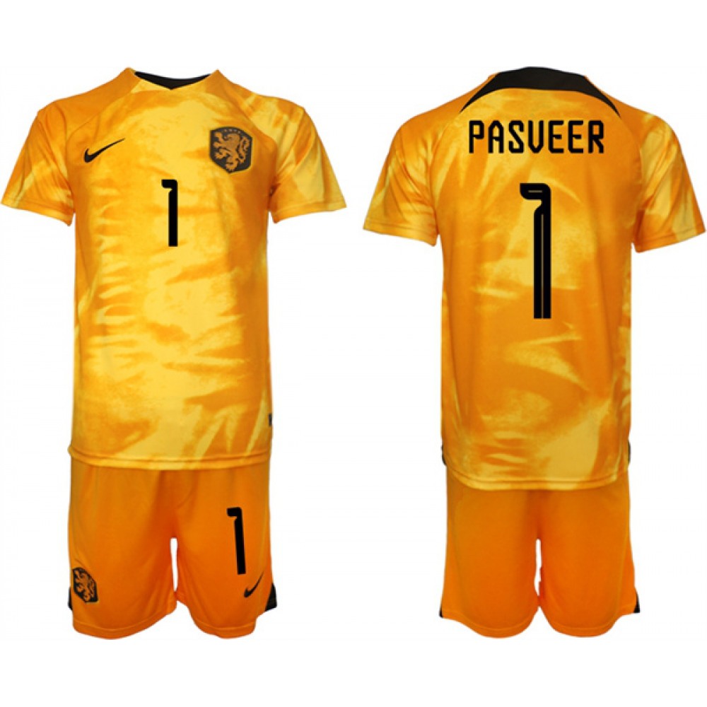 Men's Netherlands #1 Pasveer Orange Home Soccer Jersey Suit