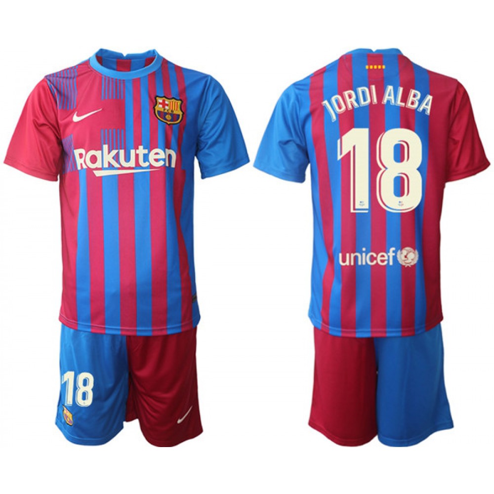 Men's Barcelona #18 Jordi Alba 2021/22 Red Blue Home Soccer Jersey Suit