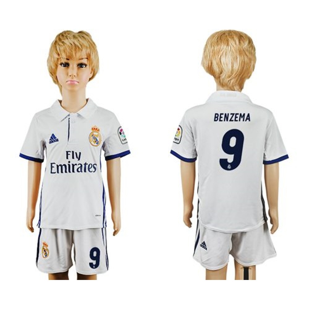 Real Madrid #9 Benzema White Home Kid Soccer Club Jersey