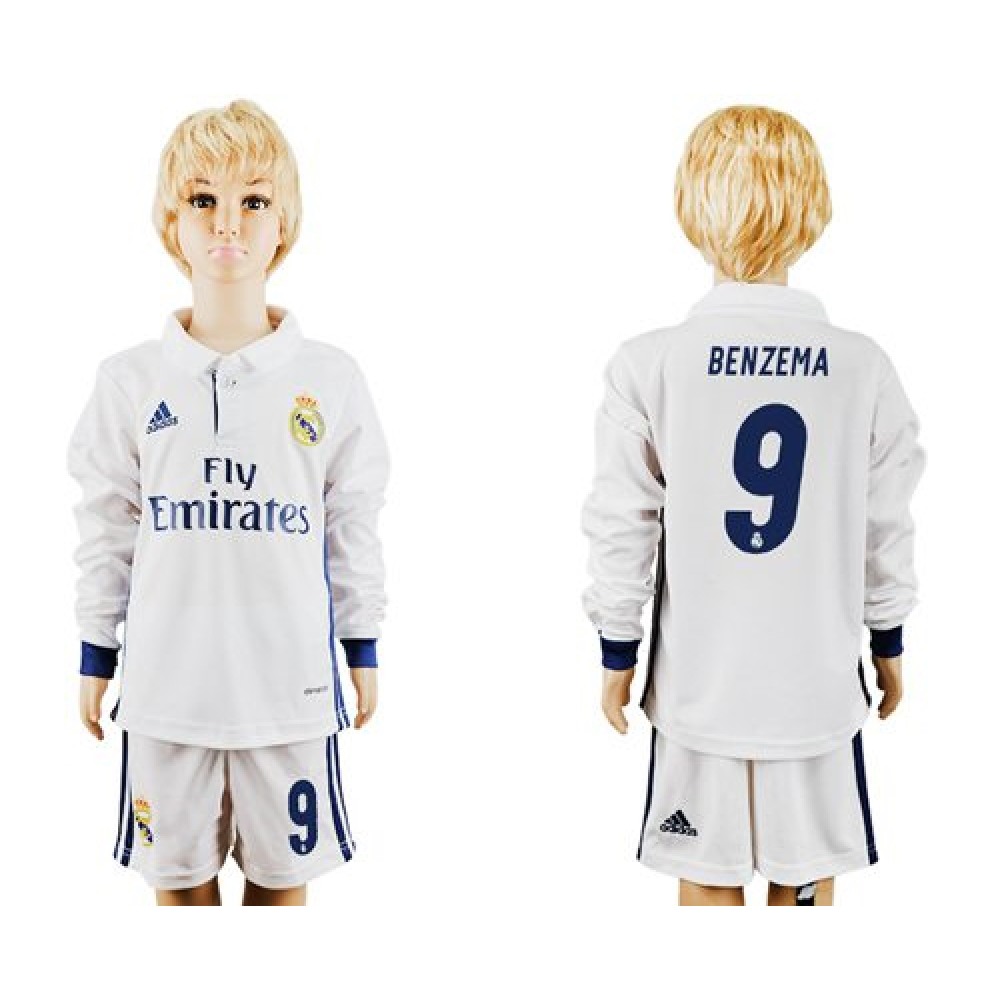 Real Madrid #9 Benzema Home Long Sleeves Kid Soccer Club Jersey