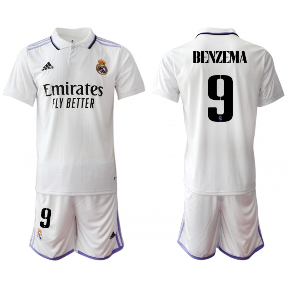 Men's Real Madrid #9 Karim Benzema 22/23 White Home Soccer Jersey Suit