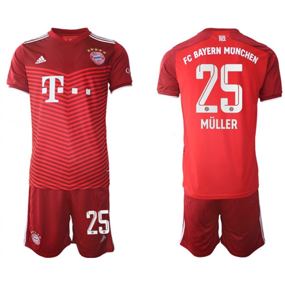 Men's FC Bayern Munchen #25 Thomas Muller Red Home Soccer Jersey Suit