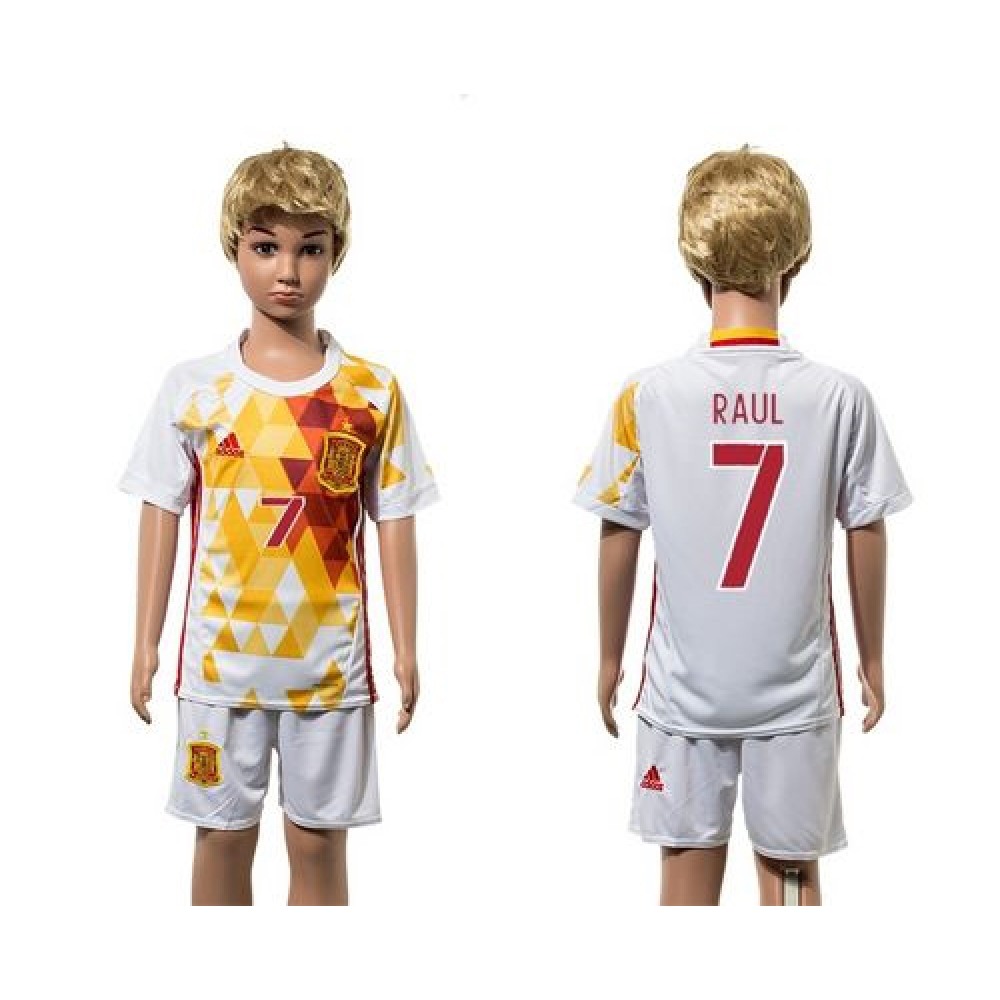 Spain #7 Raul White Away Kid Soccer Country Jersey