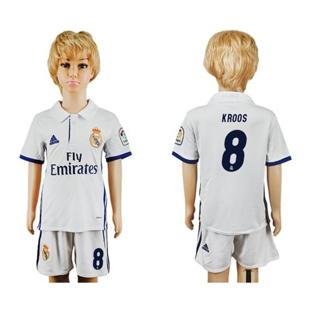 Real Madrid #8 Kroos White Home Kid Soccer Club Jersey